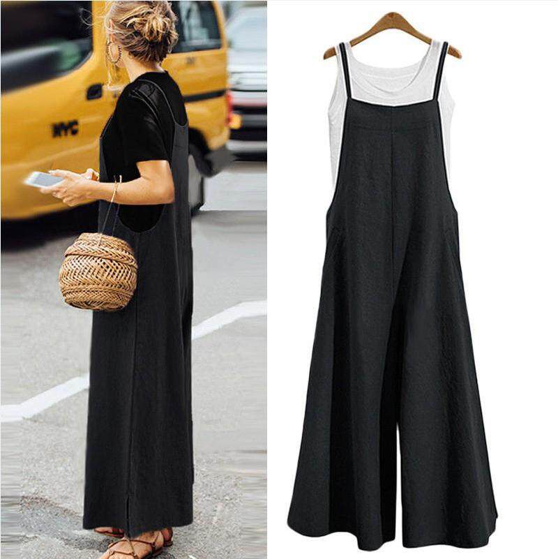 Panda Online Women Cotton Linen Jumpsuits Casual Straps Wide Leg Pants Pockets Romper Bib Overalls Loose S-5XL