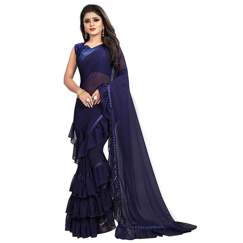 Anjaneya  Georgette Ruffle Frill Sharee With Blouse Piece For Women's By Sharee Ghar
