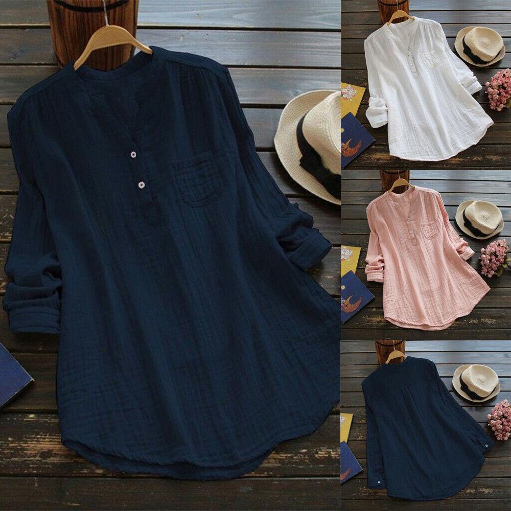 Women Retro V Neck Long Sleeve Casual Loose Baggy Tunic Tops Blouse Plus Size