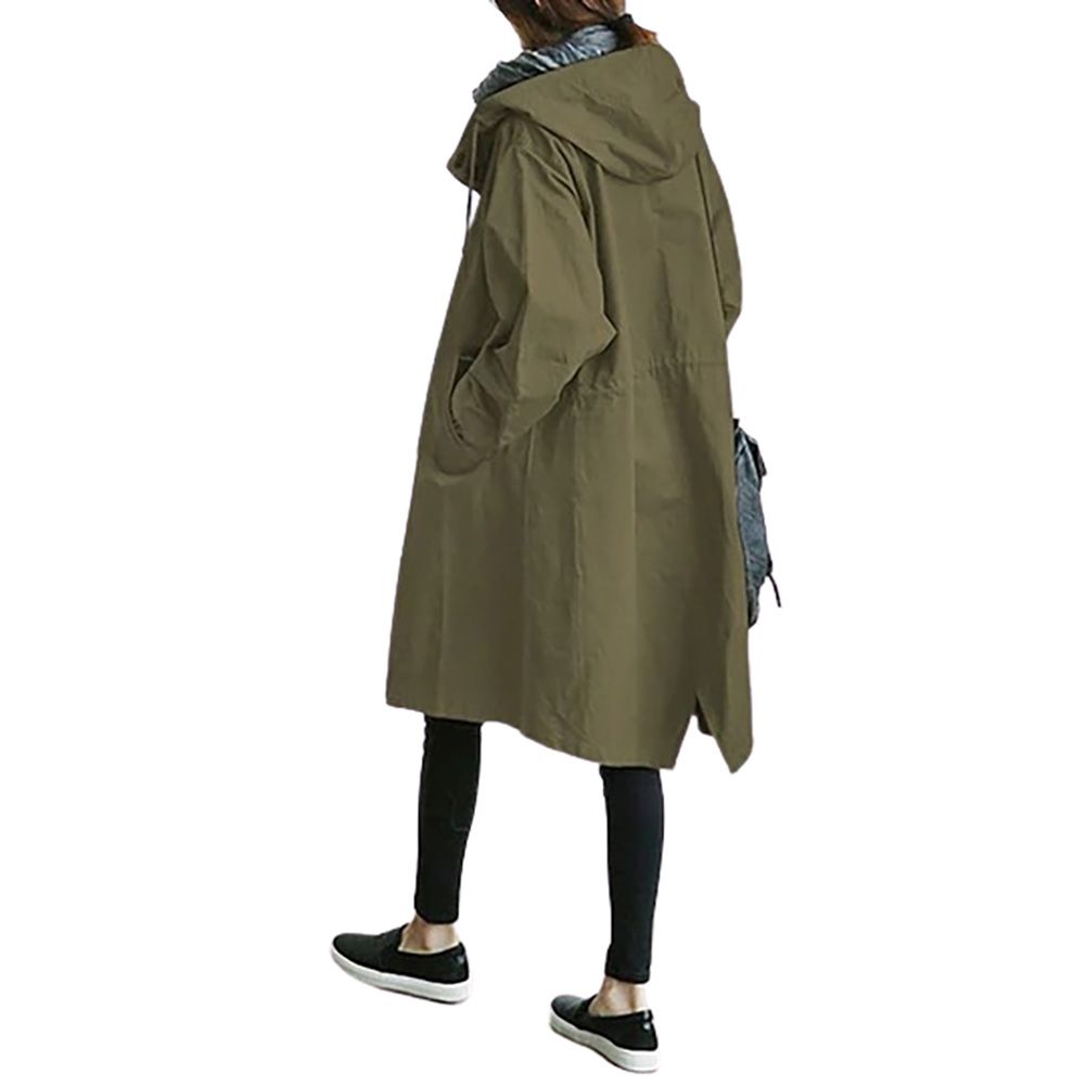 Women Autumn Pocket Hooded Windbreaker Long Trench Coat Outerwear