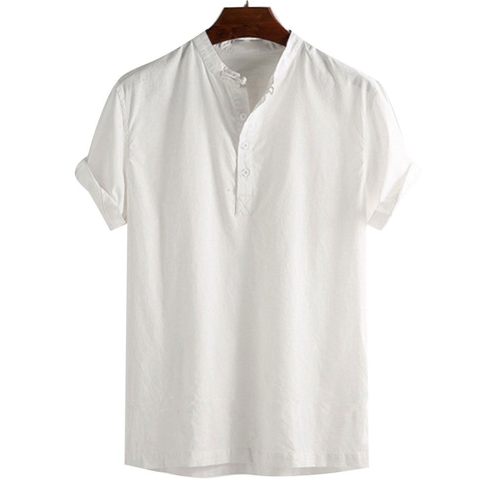 Men Solid Color Shirt, Rolled Sleeve Stand Collar Top Summer Casual Style Clothes