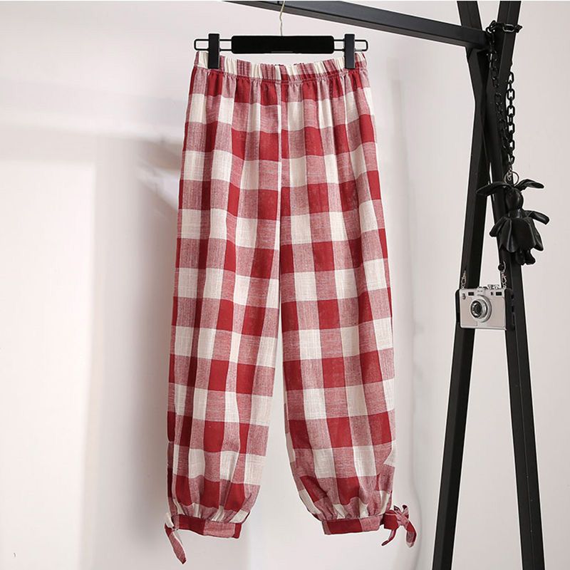 Casual Pants Women Elastic-waist Ankle-length Lace-up Plaid Vintage Loose 2XL Womens Fashion All-match Simple Students Chic