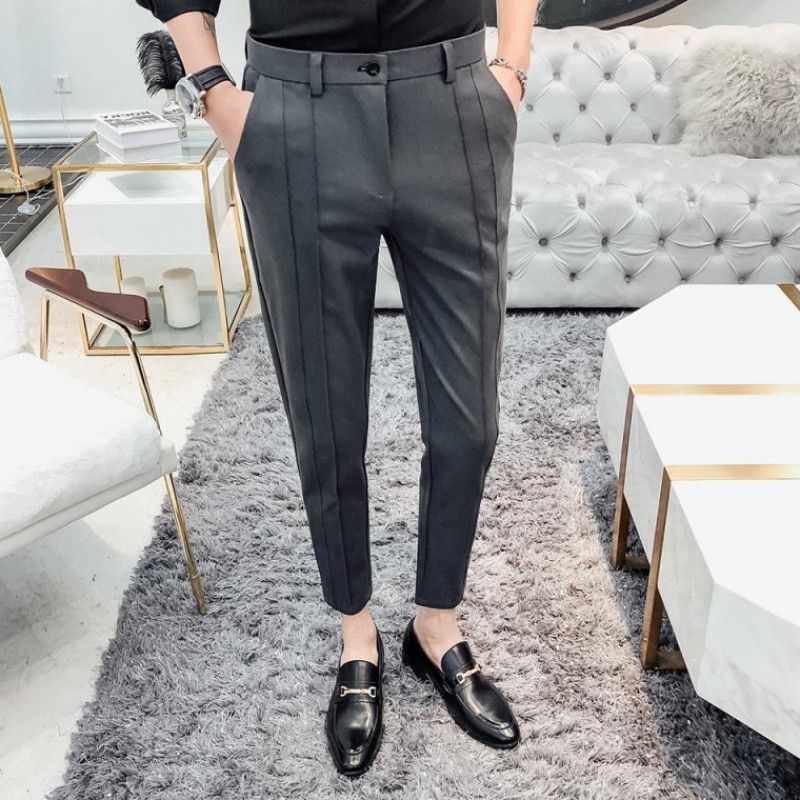 Men 2019 fashion slim fit suit pants british style ankle-length dress pants man black grey office business casual trousers