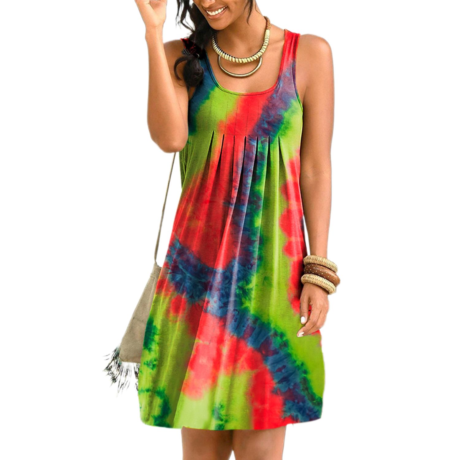 2021 Woman Tie-dye Print Dress, Sleeveless Round Neck High Waist Dress Summer Casual Clothes