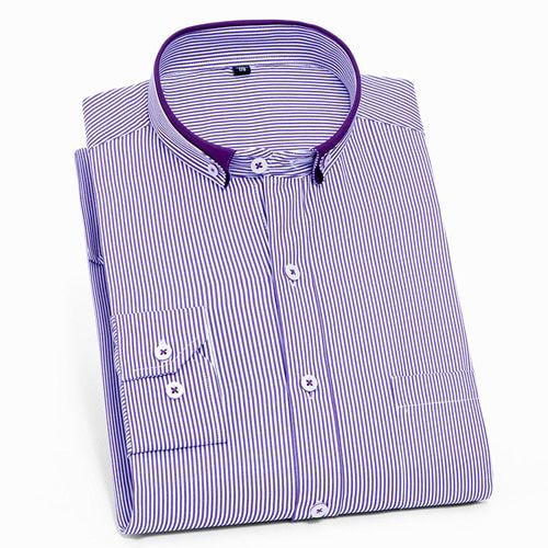 Men's Long-Sleeve Standard-fit Striped Dress Shirt Single Patch Pocket Social Office Casual Thin Wrinkle Free Button-down Shirt