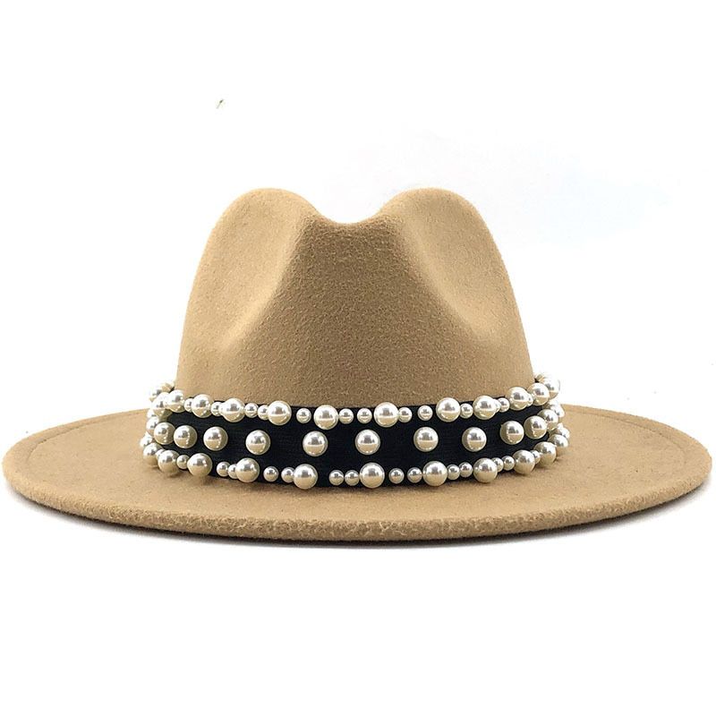 2020 Hot Men Women Wide Brim Wool Felt Fedora Panama Hat Pearl belt Jazz Trilby Cap Party Formal Top Hat In White,black
