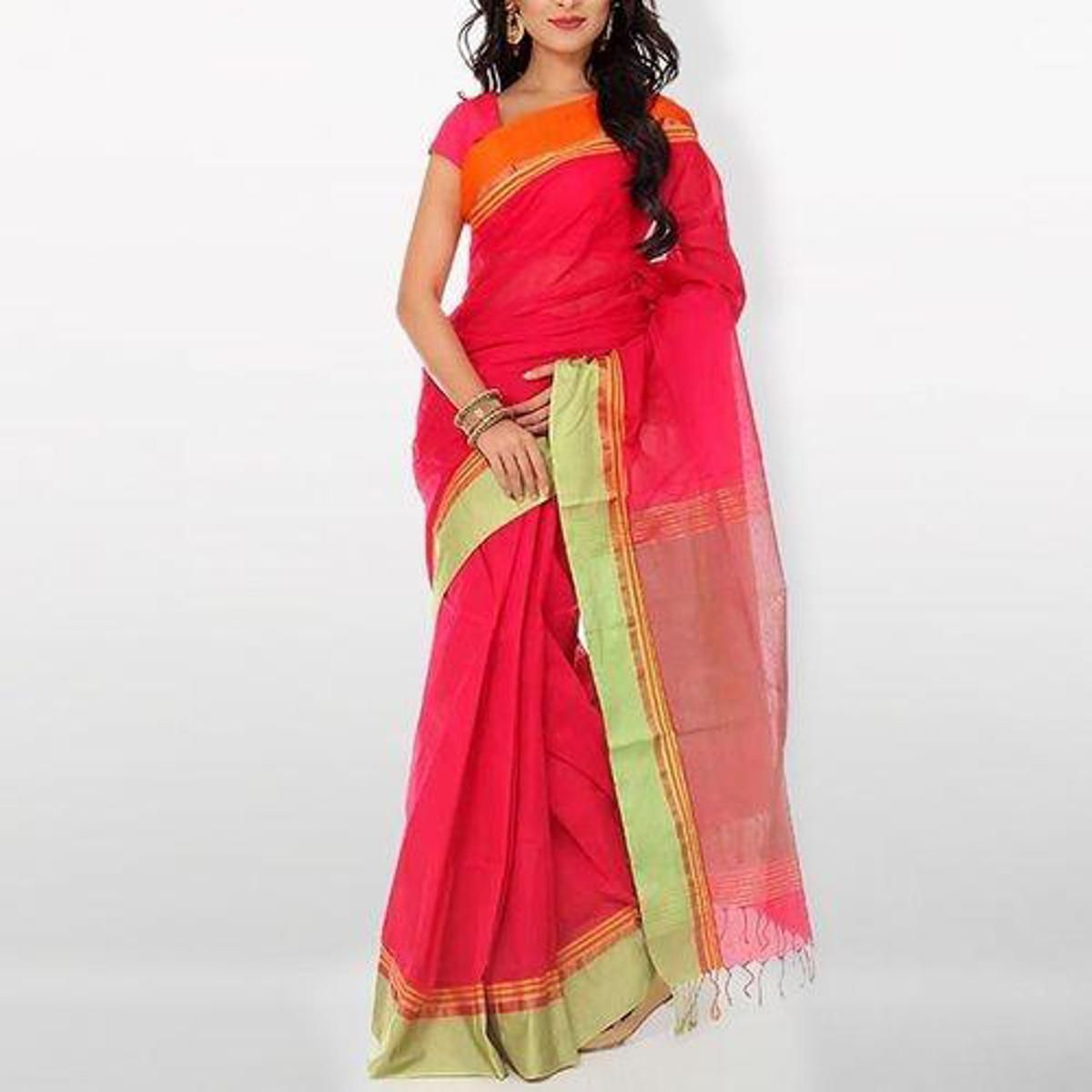 Deep Pink Dhanshiri Tant Cotton Saree For Women