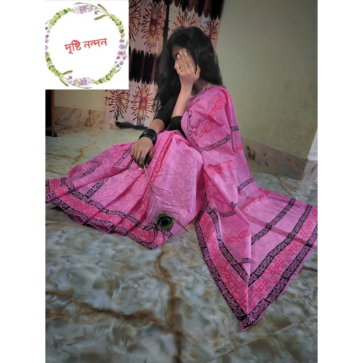 Block and Batik sari for women Pride Cotton-Pink color