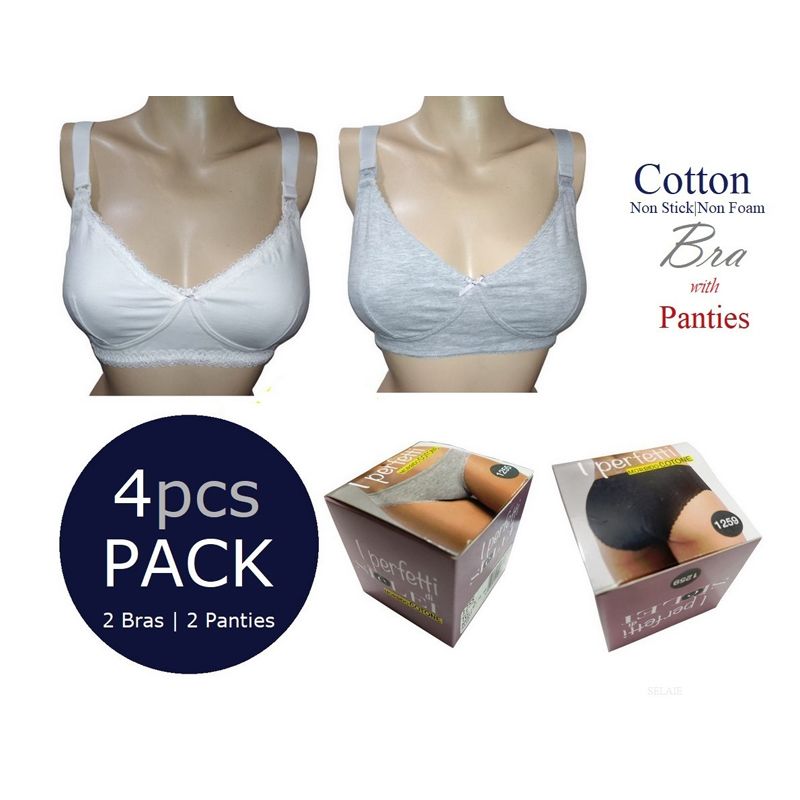 4 Pcs Lingerie set Bras 2 Pcs Non Stick Non Foam Wide Strap with 4 Layer hook in Back side White and Grey and Cotton Spandex Panties 2 Pcs Grey and Black for Women