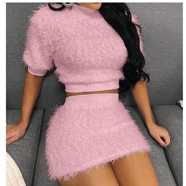 2021 Women’s Short Sleeve Top Skirt Suit Fashion Solid Color Slim Fit Pullover Top and Elastic High-wai