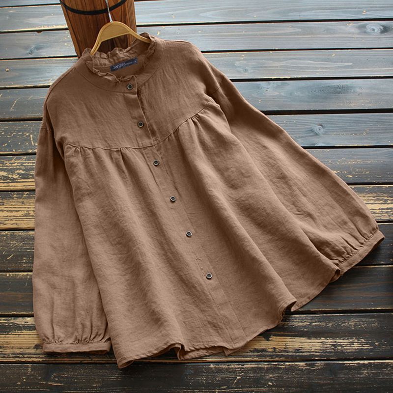 ZANZEA Women Lantern Sleeve Button Down Tops T-Shirt Vintage Ruffles Solid Shirt Blouse
