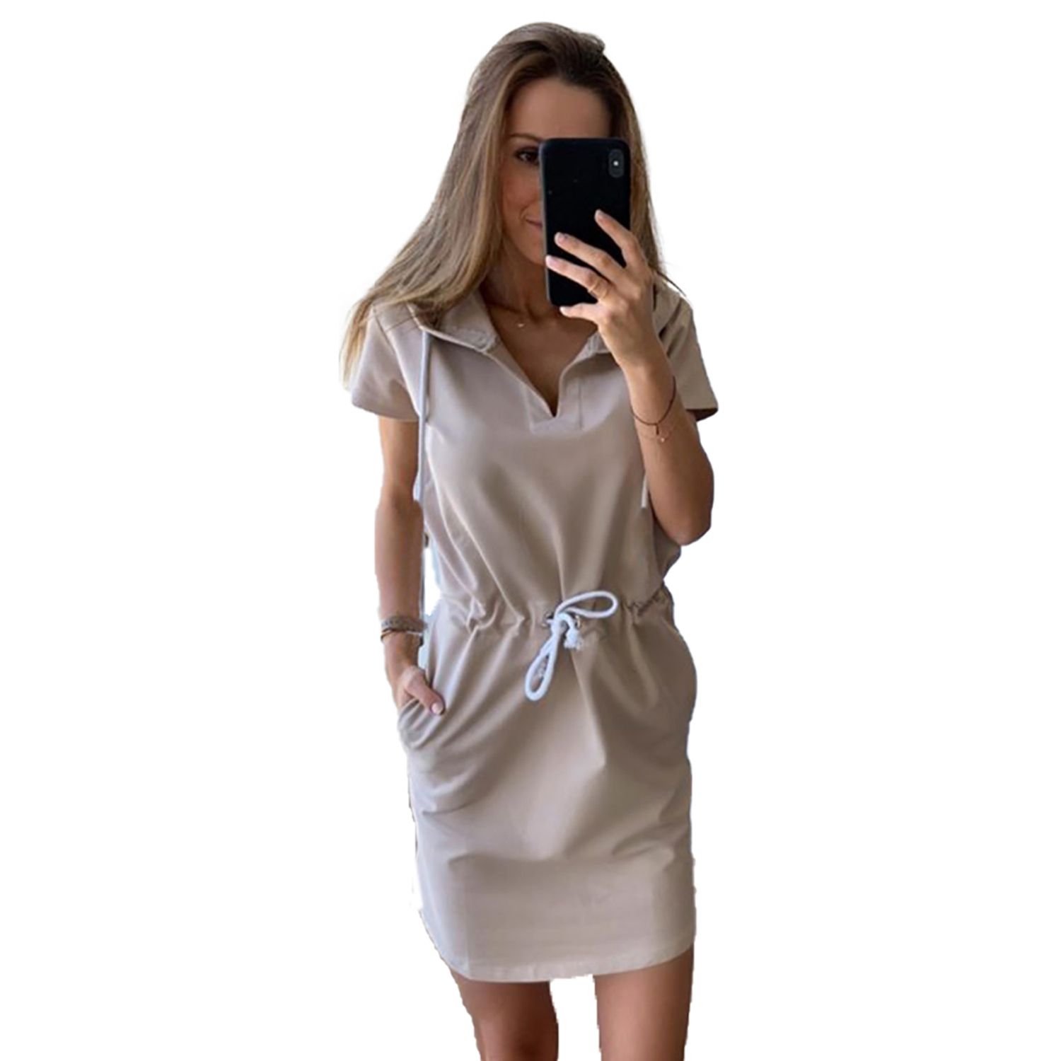 2021 Women Summer Short Sleeve Hooded Dress Casual V-neck Solid Color Dress for Ladies
