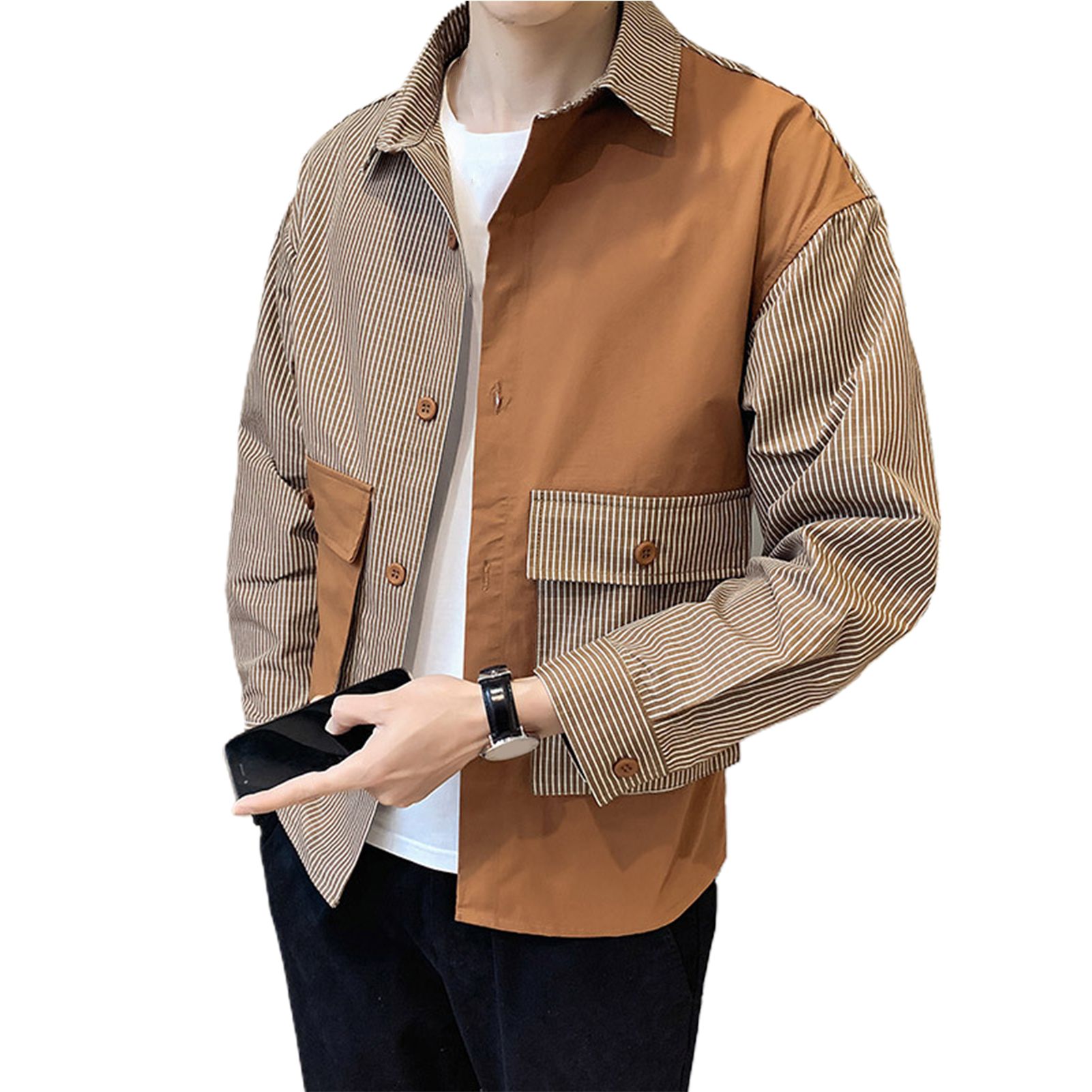 Men Shirt Stripe Pocket Strip Pattern Casual Leisure Men Shirt