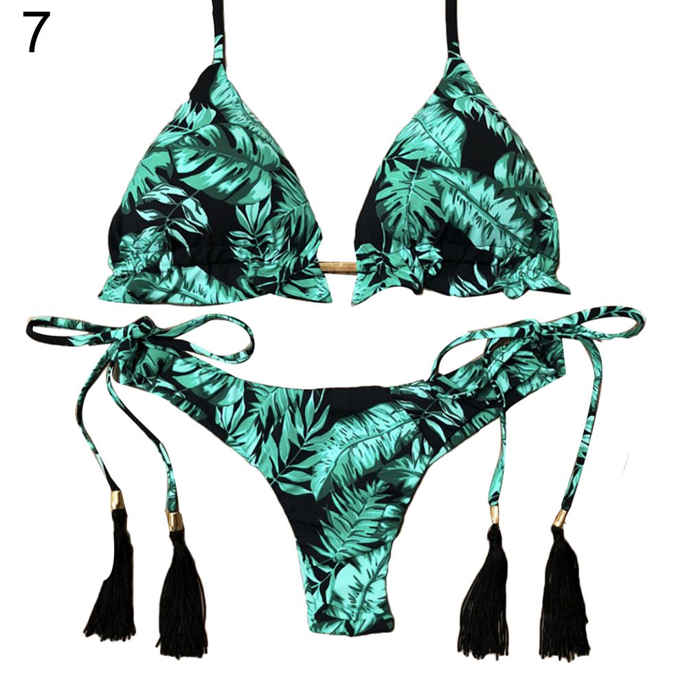Women Padded Wireless Halter Bra Bandage Tassels Briefs Swimsuit Bikini Set