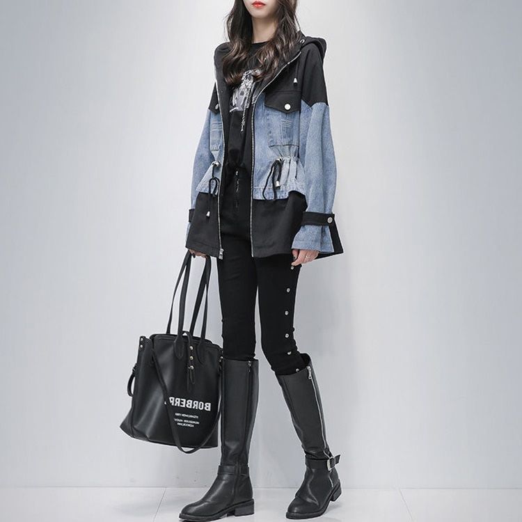 Patchwork Denim Women's Windbreaker Lapel Lantern Sleeve Color Drawstring Plus Size Coat Female Fashion Ladies denim coat