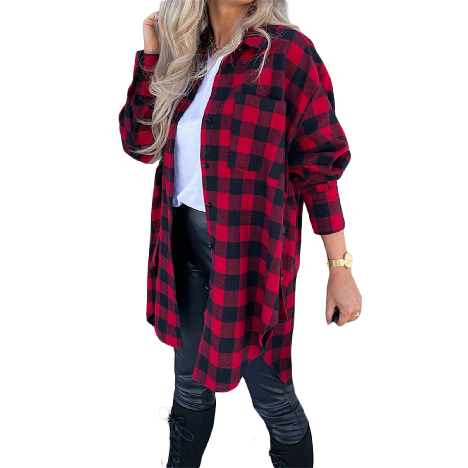Female Shirt, Ladies Plaid Lapel Long Sleeve Tops Coat with Chest Pockets for Spring Autumn, S/M/L/XL