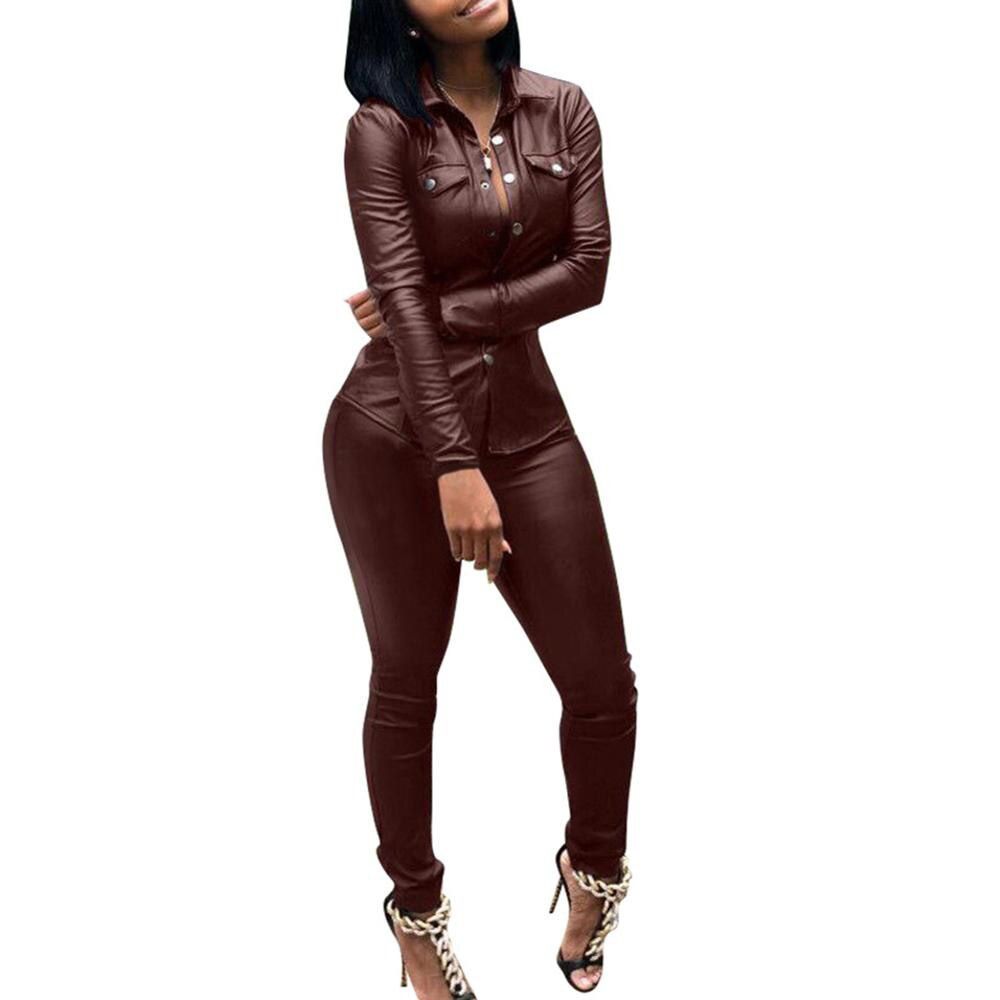 5 color S-XXXL Winter Overalls PU Leather shirt+Pencil pant tracksuit fashion women set two pieces Jumpsuit casual Outfits
