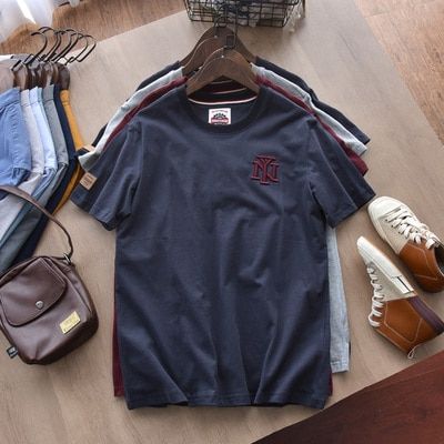 Summer Japanese Retro Short-sleeved Embroidery T-shirt Men's Fashion Simple Pure Cotton Washed Old Solid Color Casual Tops