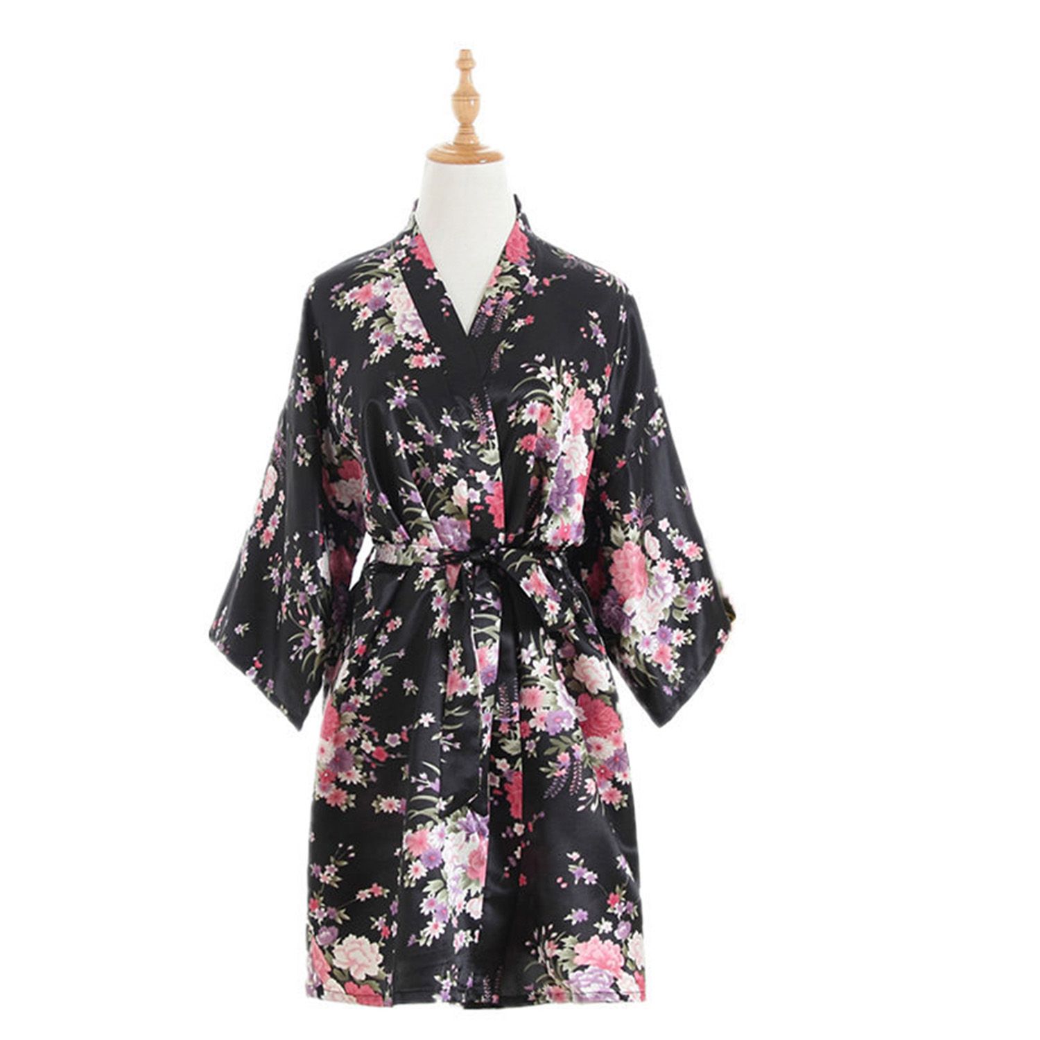 OIMG Women Short Floral Kimono Robe Lightweight Soft Bridal Party Robe For Bridesmaid Satin Gown Sleepwear
