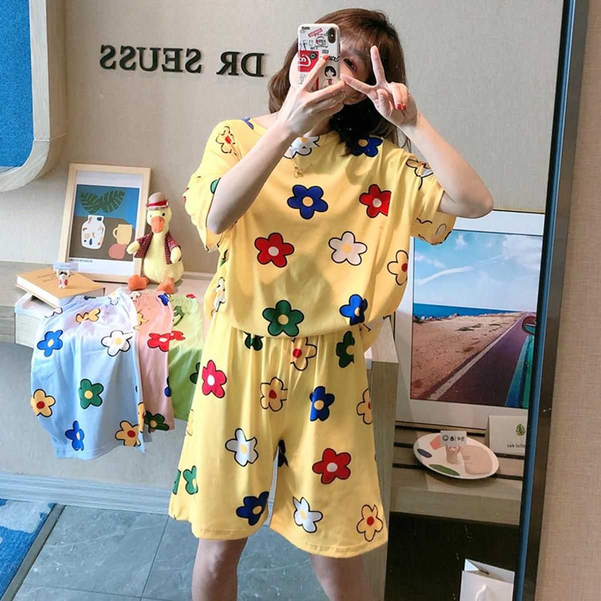 2pcs Summer girl student cute cartoon loose casual  short sleeve tshirt+Homewear short