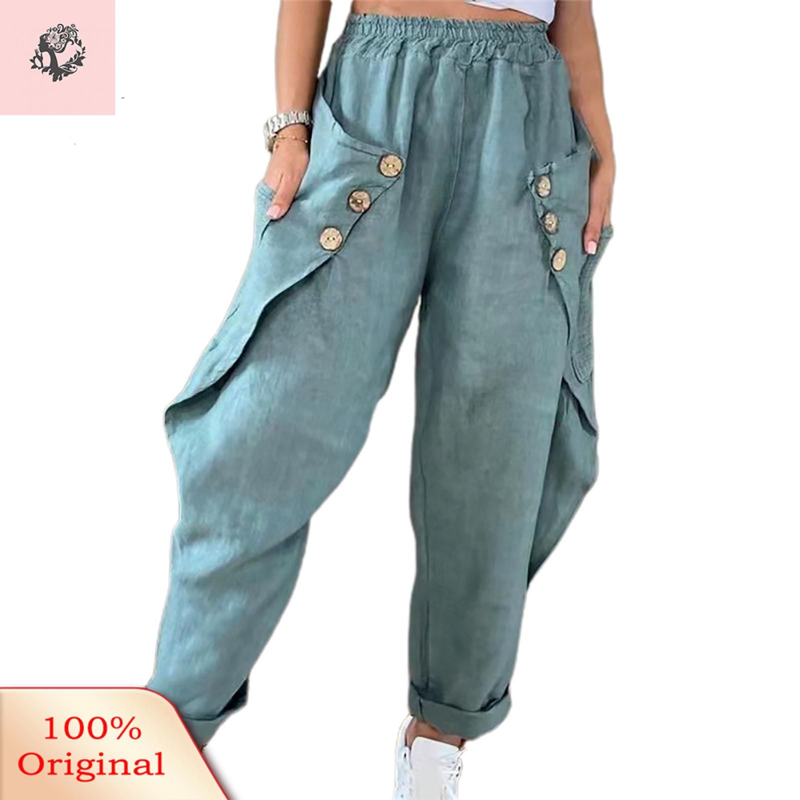 Sunnyheart Casual Trousers Loose Fit Lady Elastic Waist Side Pockets Harem Pants