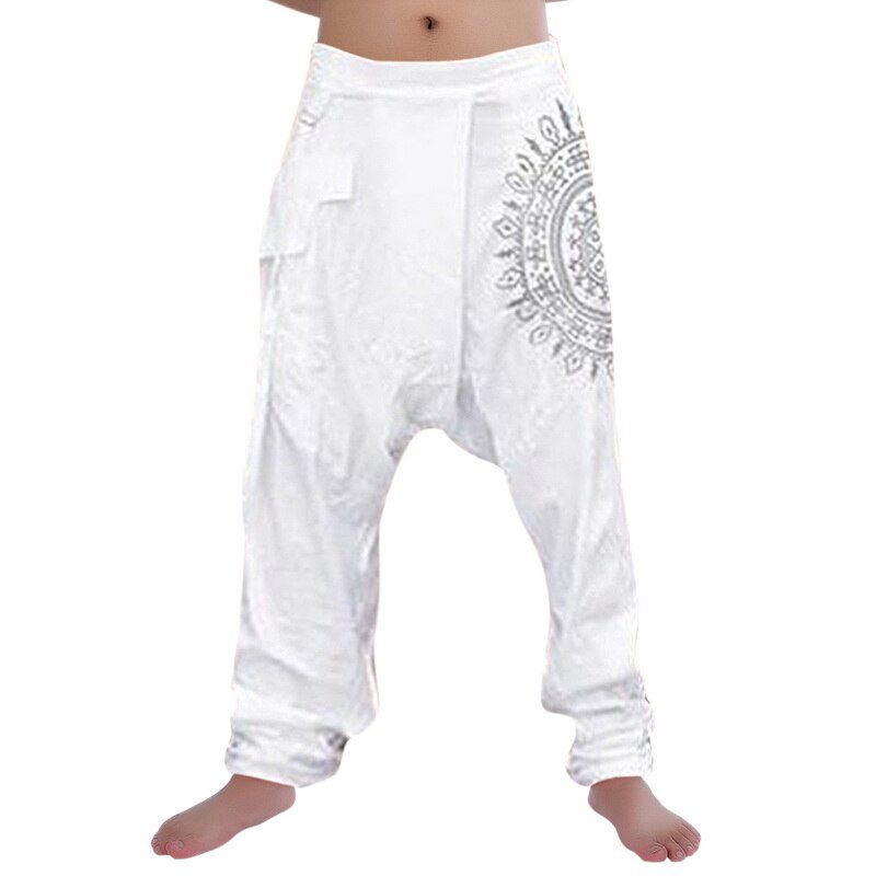 Men's Casual Elastic Waist Baggy Trousers Long Pants Harem Boho Low Rise Drop Crotch Retro Loose Print Trouser Men Clothing