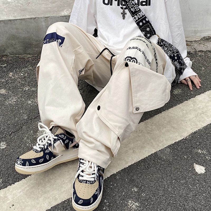 White PuPants Black Trousers Male Cargo Pants Spring Autumn Paisley Hop Harajuku Gothic Streetwear detachable