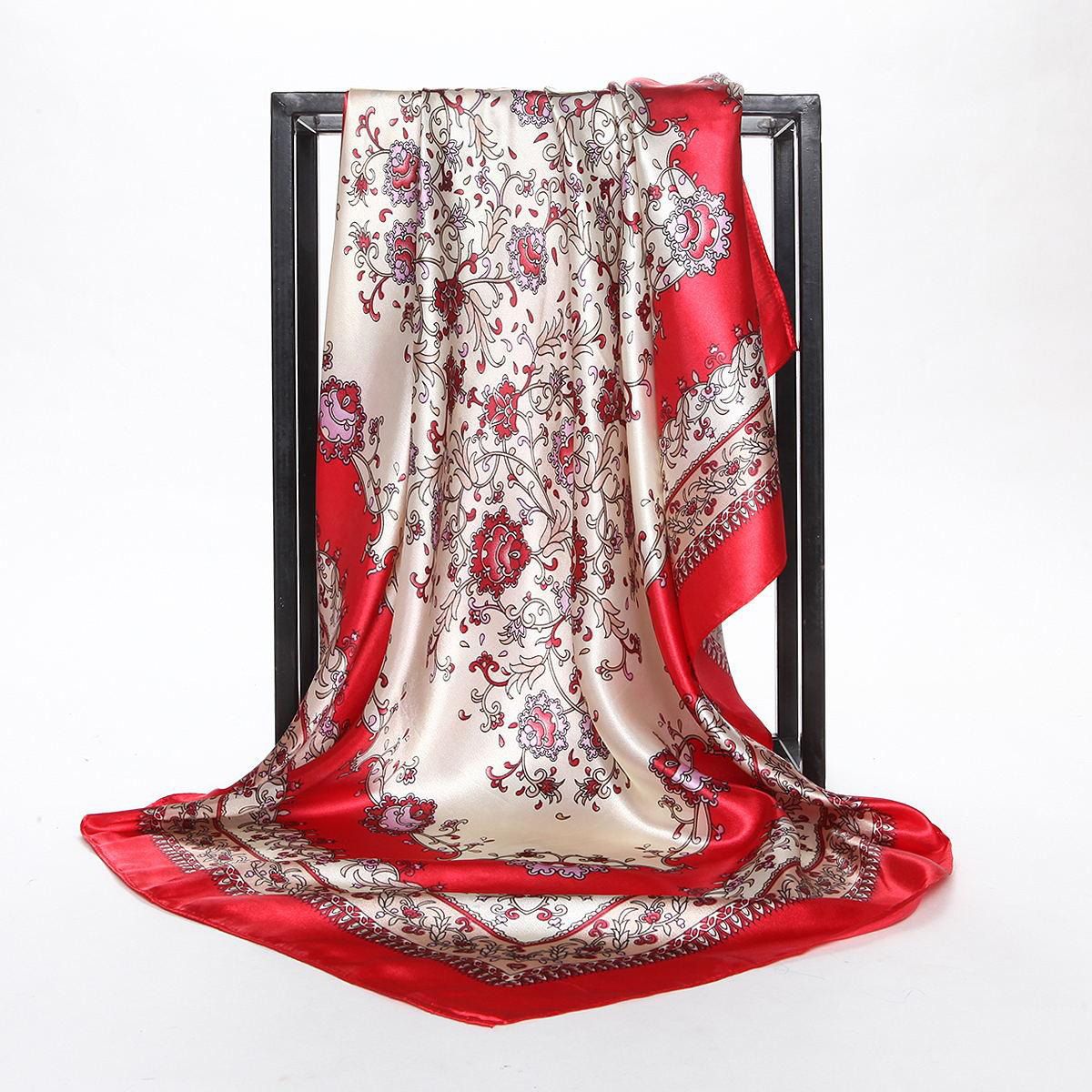 【ALLGOOD】Silk Scarf Lady Headscarf Hair Band Blue Flower Porcelain Chinese Style Air Conditioning Shawl Satin Shiny Big Square Office Beach  Girl Turban