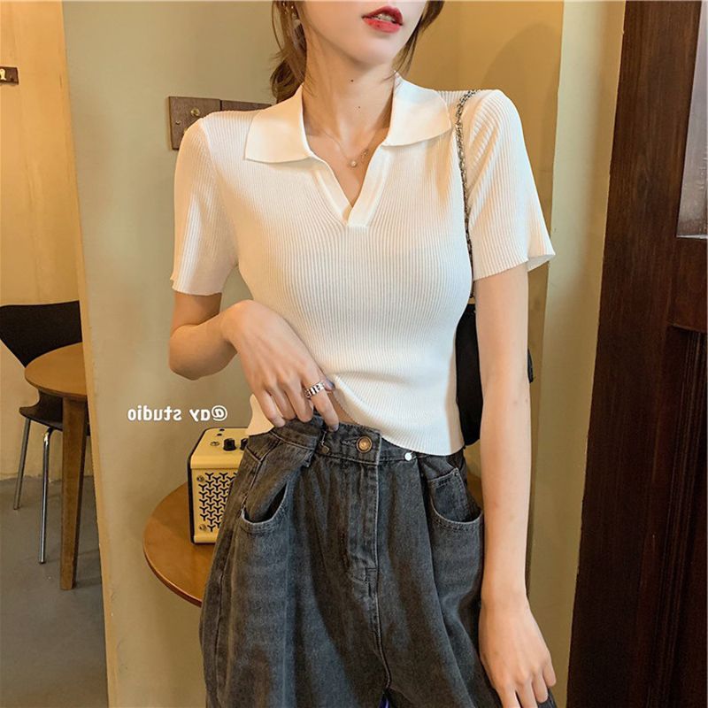 Yfashion Women  Shirt V-neck Lapel Knitted Shirt  Fit Short-sleeved Solid Color op color