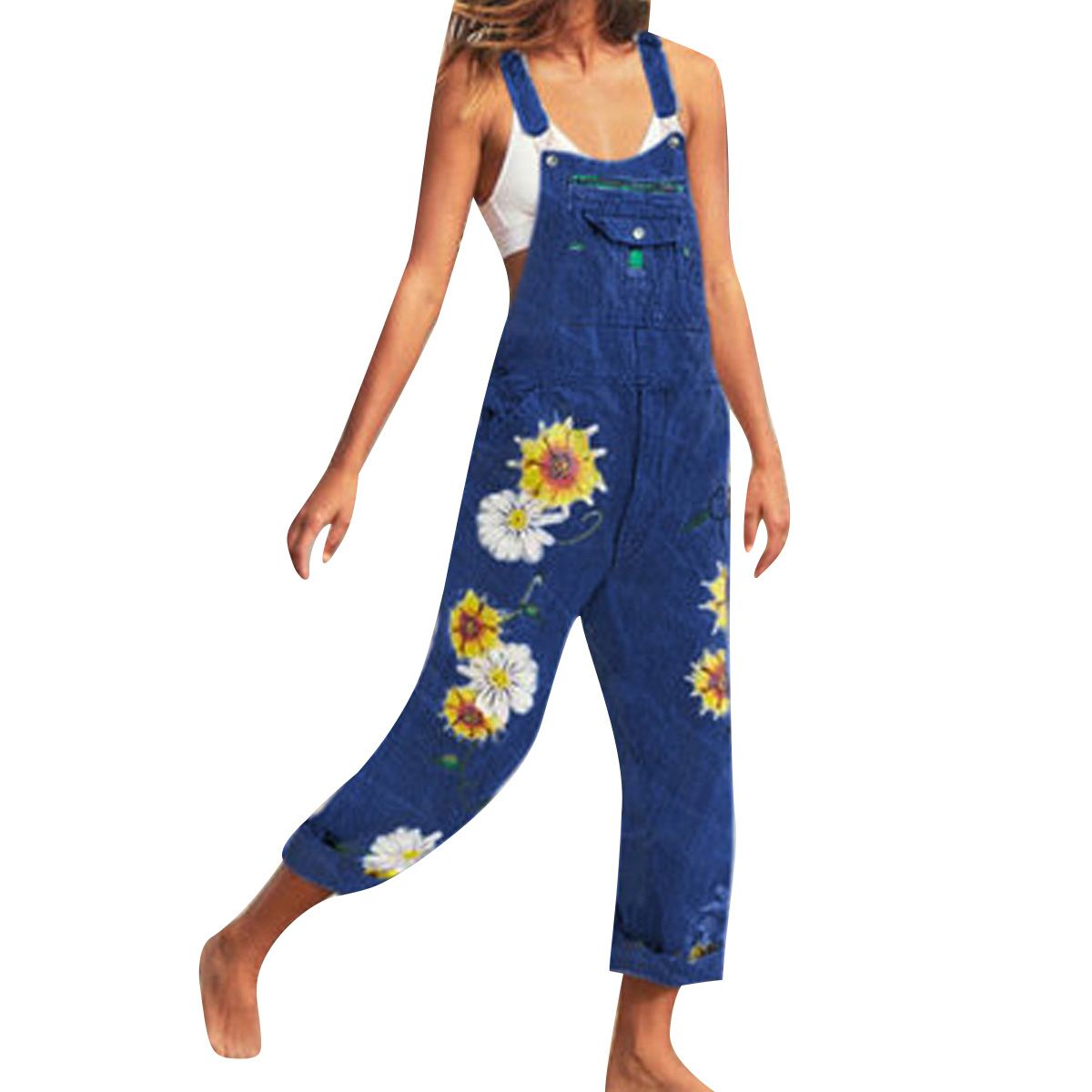 Women Summer Clothes, Sunflower Printed Removable Suspender Trousers with Chest Pocket for Girls, 6 Sizes
