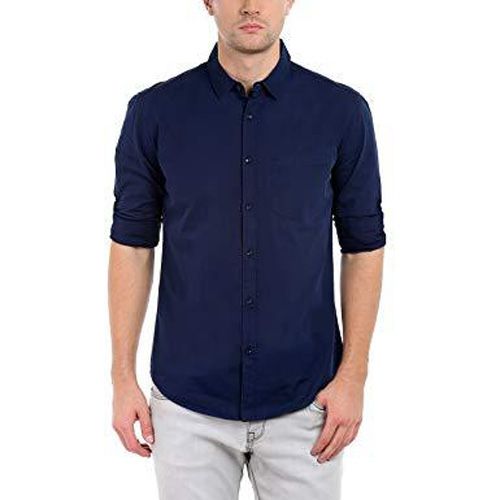 Navy Blue Cotton Long Sleeves Casual Shirt For Men