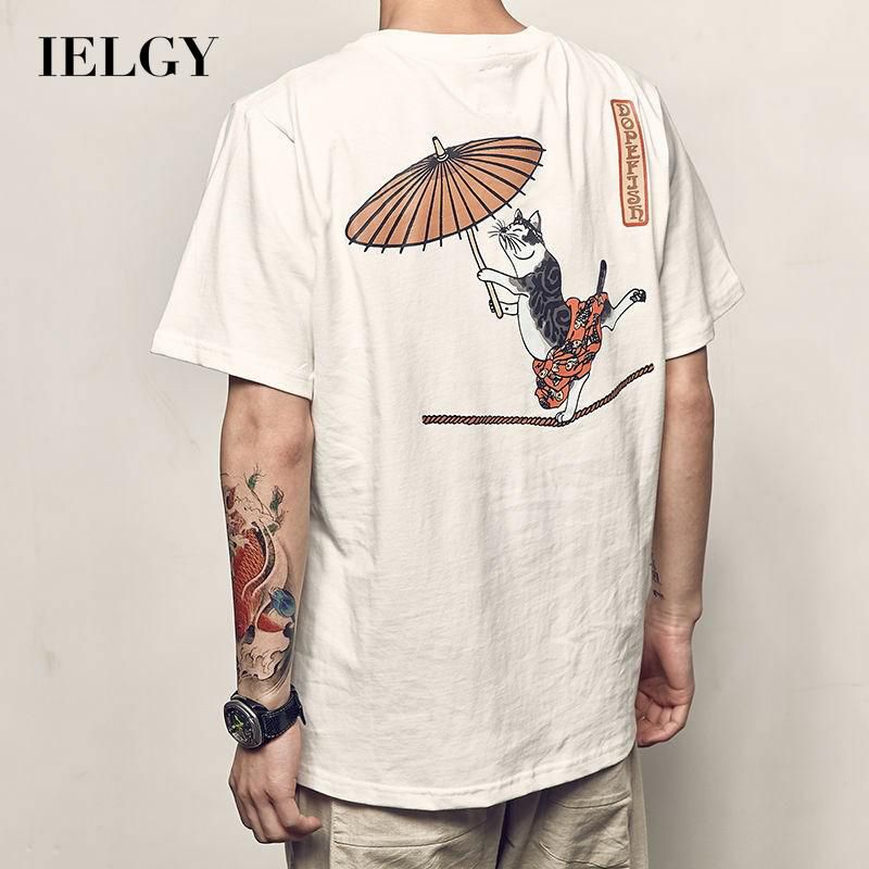 IELGY Japanese retro acrobatic cat print short-sleeved T-shirt student Korean style trendy slim round neck top clothes