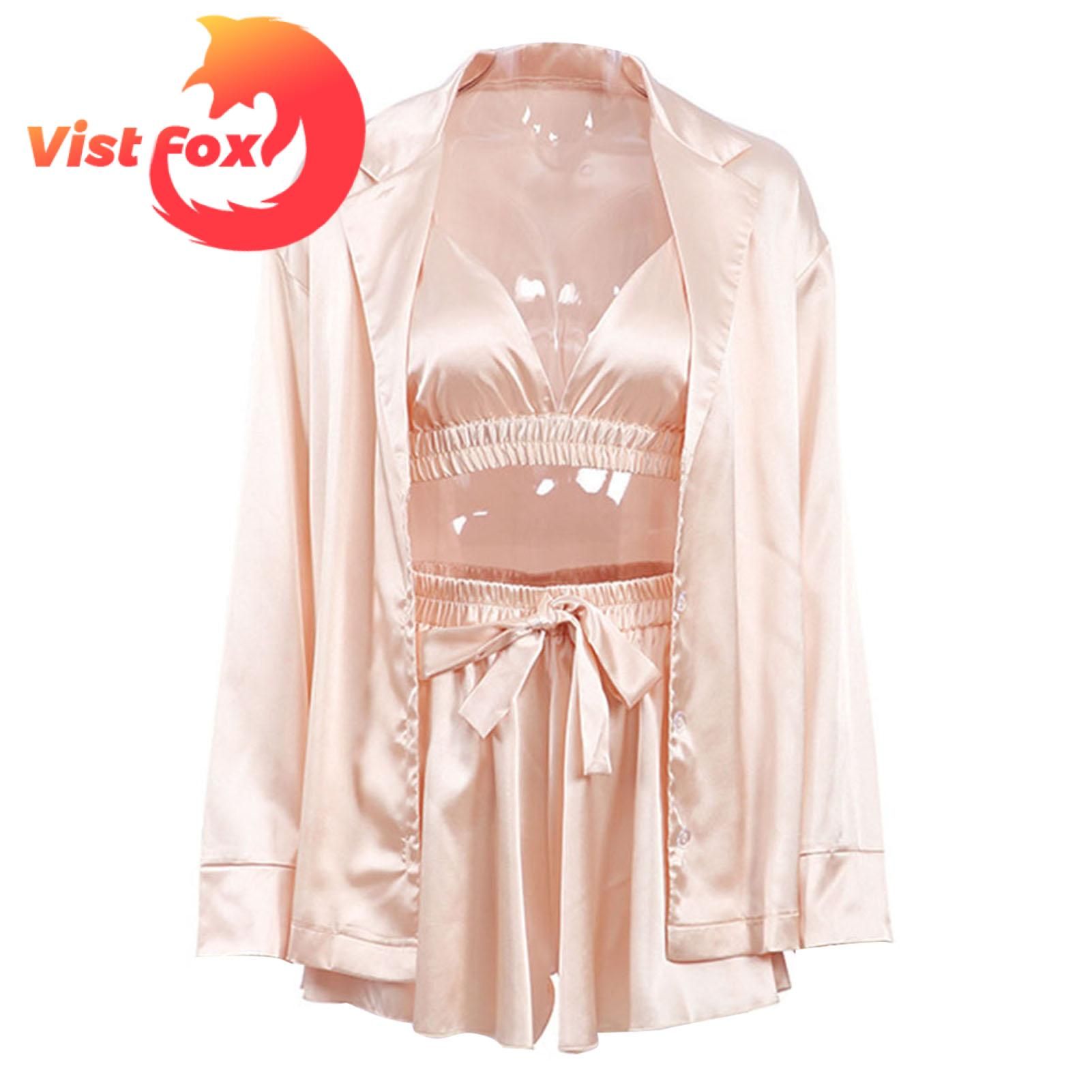 Vist Fox Women Bathrobe Cool Summer Women Solid Color Ruched Silk Nightwear