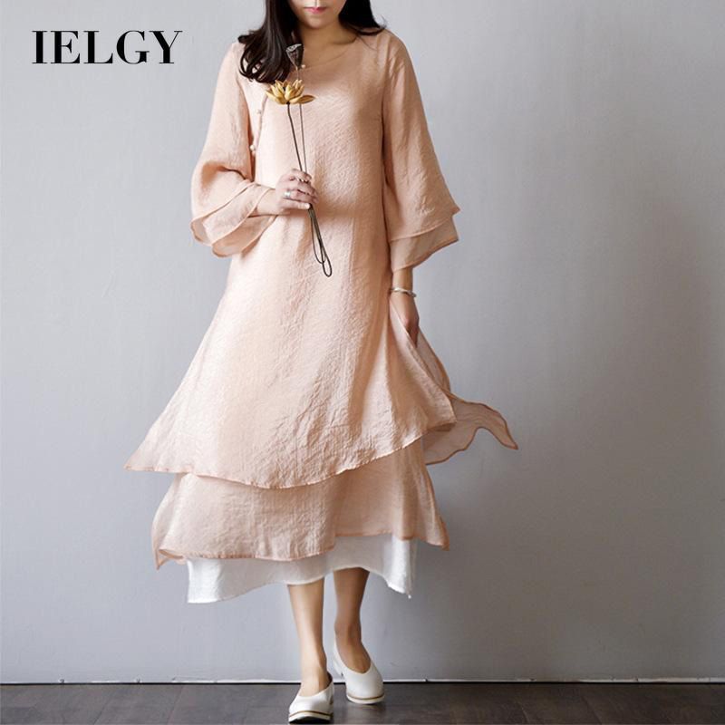 IELGY Women's clothes three-quarter sleeves Hanfu dress retro long white all-match fashion casual