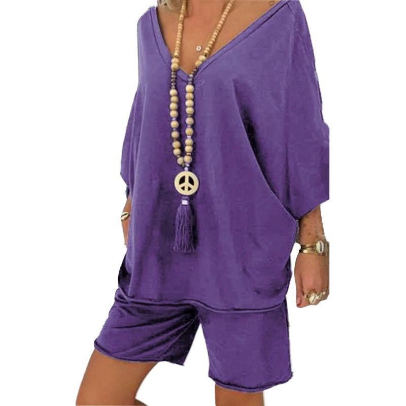 2021 Women 2 Pcs Short Pant Suits, V Neck Short Sleeve T-shirt + Short Pant Pajamas Tracksuit Homewear