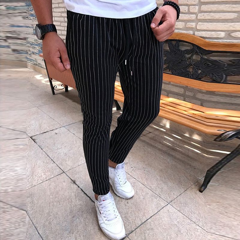 New Striped Pencil Pants Mens Casual Drawstring Trousers Male Street Fashion Breathable All-match Trousers