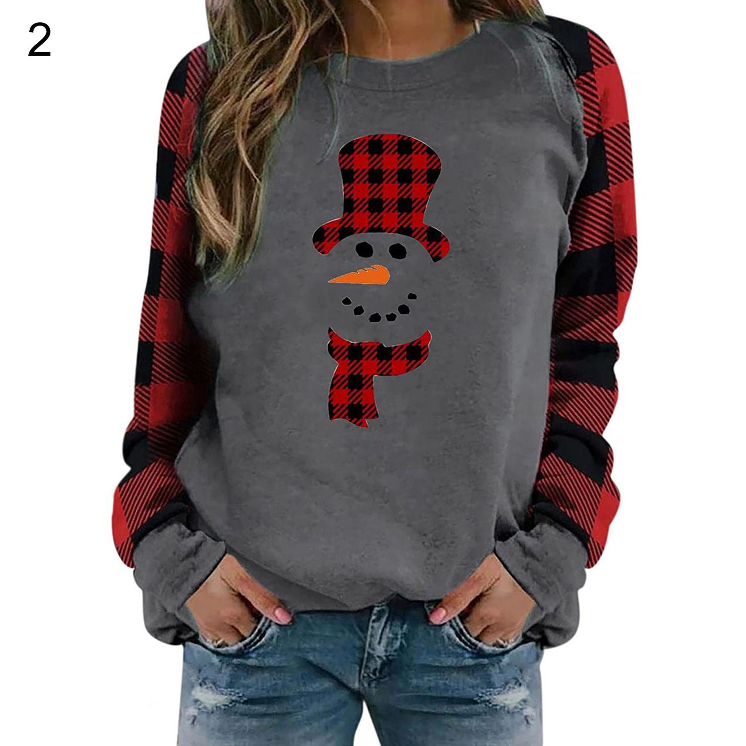 Women Blouse Round Neck Christmas Print Plaid Patchwork Sweatshirt