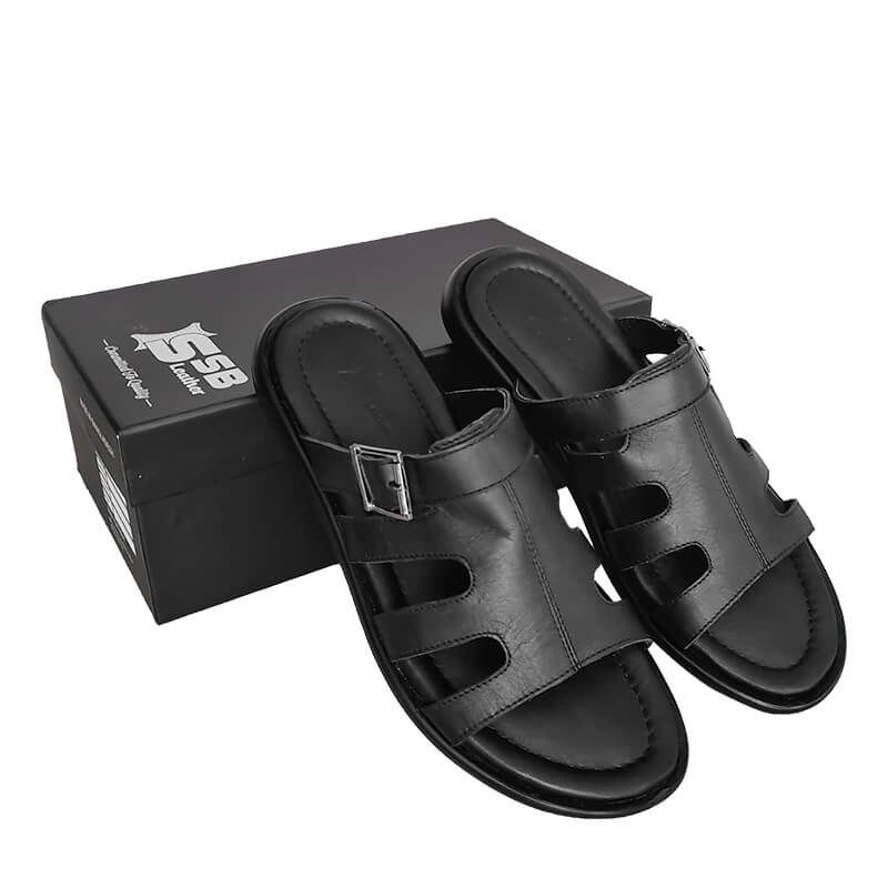 Black Casual Leather Slippers Sandal SB-S183