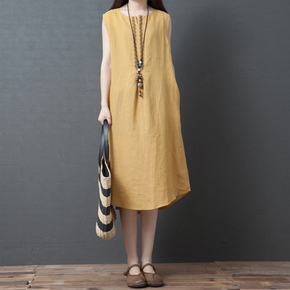 Summer Ramie Loose Sleeveless Dress for Ladies