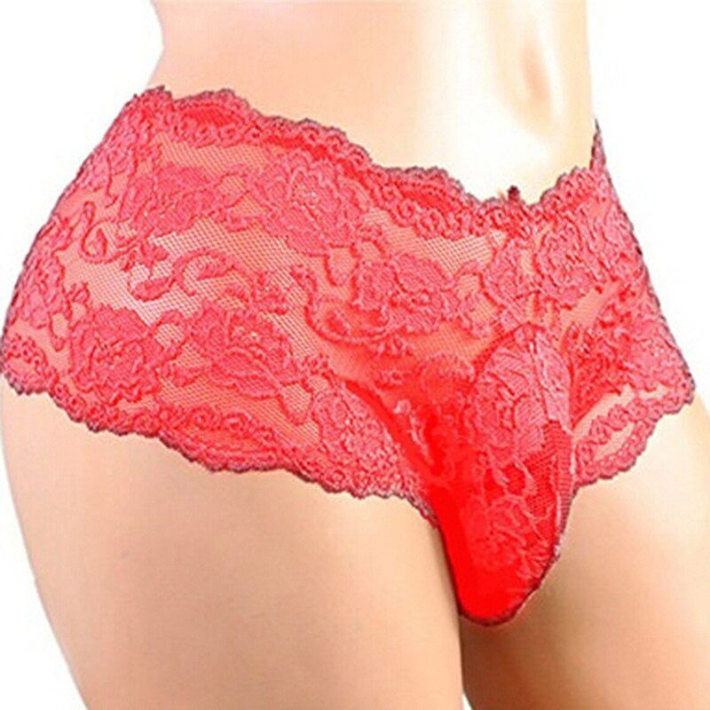 Men's Hot Sexy Mens Lace Sissy Grid Thong Seamless Enhance Pouch Briefs Pants