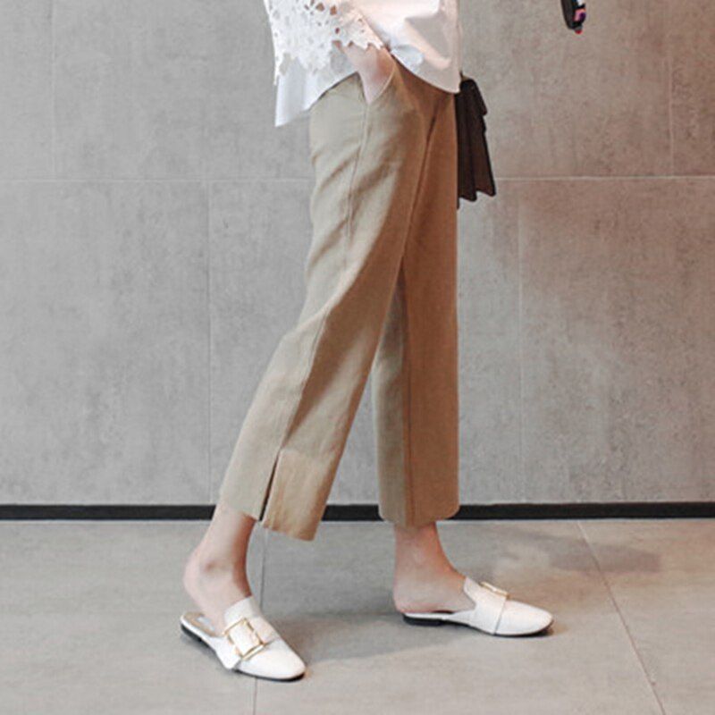 Plus Size Cotton Linen Trousers Women Summer Loose Wide Leg High Waist Pants Lady Office Casual Female Calf Length Pant