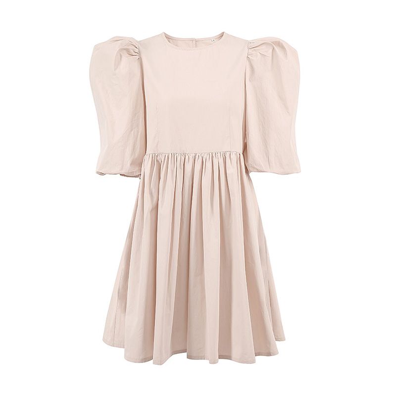 OOTN Green O Neck Casual Women Dress Lantern Short Sleeve Solid Pink Mini Dress Ladies Elegant A Line Summer Dresses Cotton 2021