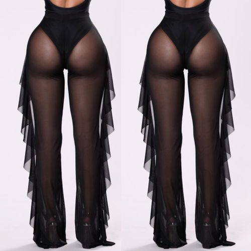 Ruffle Women Beach Mesh Pants Sheer Wide Leg Pants Transparent See through Sea Cover Up Trouser Pantalon