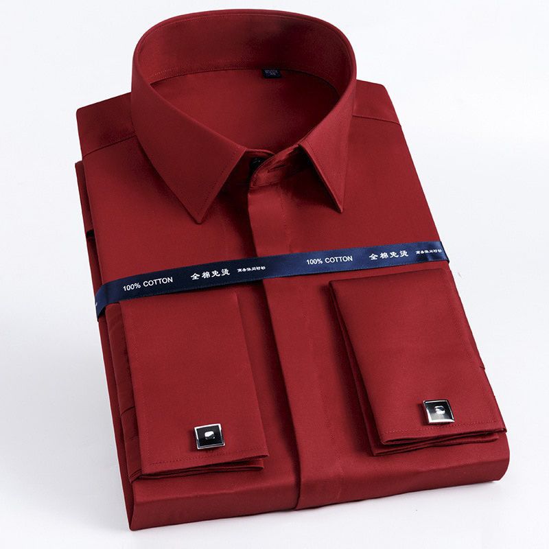 High Collar Men French Cufflink Slim Fit Cotton Shirts Male Long Sleeve Business Wedding Party Free Iron Shirt  Button