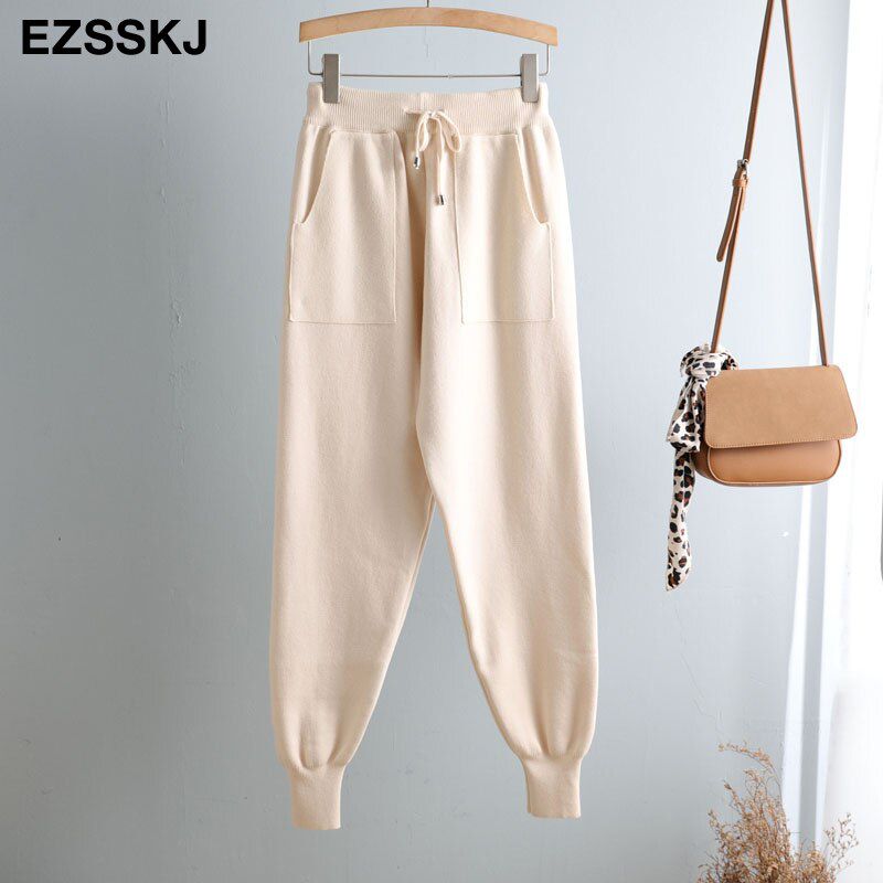 loose Women Elastic Waist Drawstring Trousers Knitted Harem Pants Autumn Winter Sport pants sweater Knitted Carrot pants