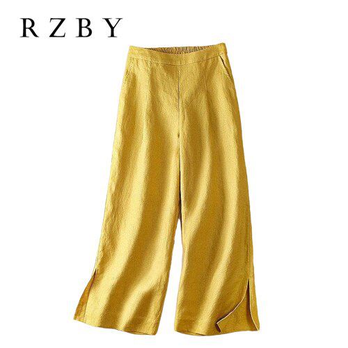 Summer Arts Style Elastic Waist Ankle-length Loose Femme Pantalon Linen Vintage Women Casual Wide Leg Pants RZBY261