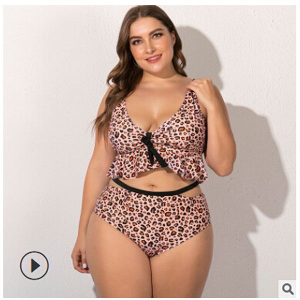 Women Leopard Print Two-piece Bathing Suit, V Neck Ruffle Top with Chest Pad and Adjustable Strap Hollow-out Hip Brief Set