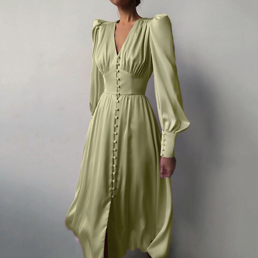 Beige Single ed Dress Party Clud High Waist Satin Long Dress Elegant V Neck Women Midi Dresses Lantern Sleeve