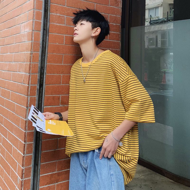 LAPPSTER Men Oversized Striped Tshirts 2021 Harajuku Cotton Tops Mens Colorful Yellow Tshirts Couple Streetwear T-shirts Tees