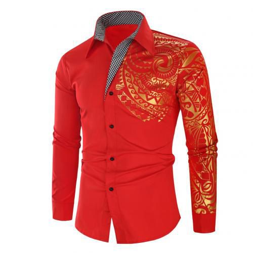 Stylish Men Hot Stamping Totem Print Turn Down Collar ons S-lim Fit Shirt  Homme Social Men Club Prom Shirt